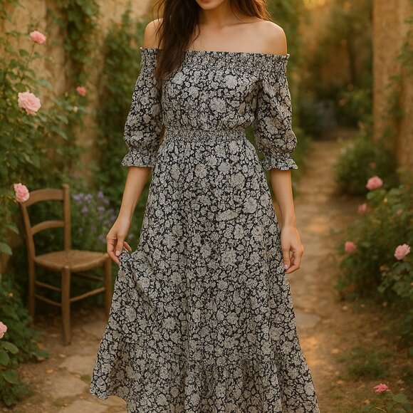MISA Dress Floral Smocked Midi Black Gray Pink Off Shoulder Boho Style Flowy SZM - Picture 1 of 7
